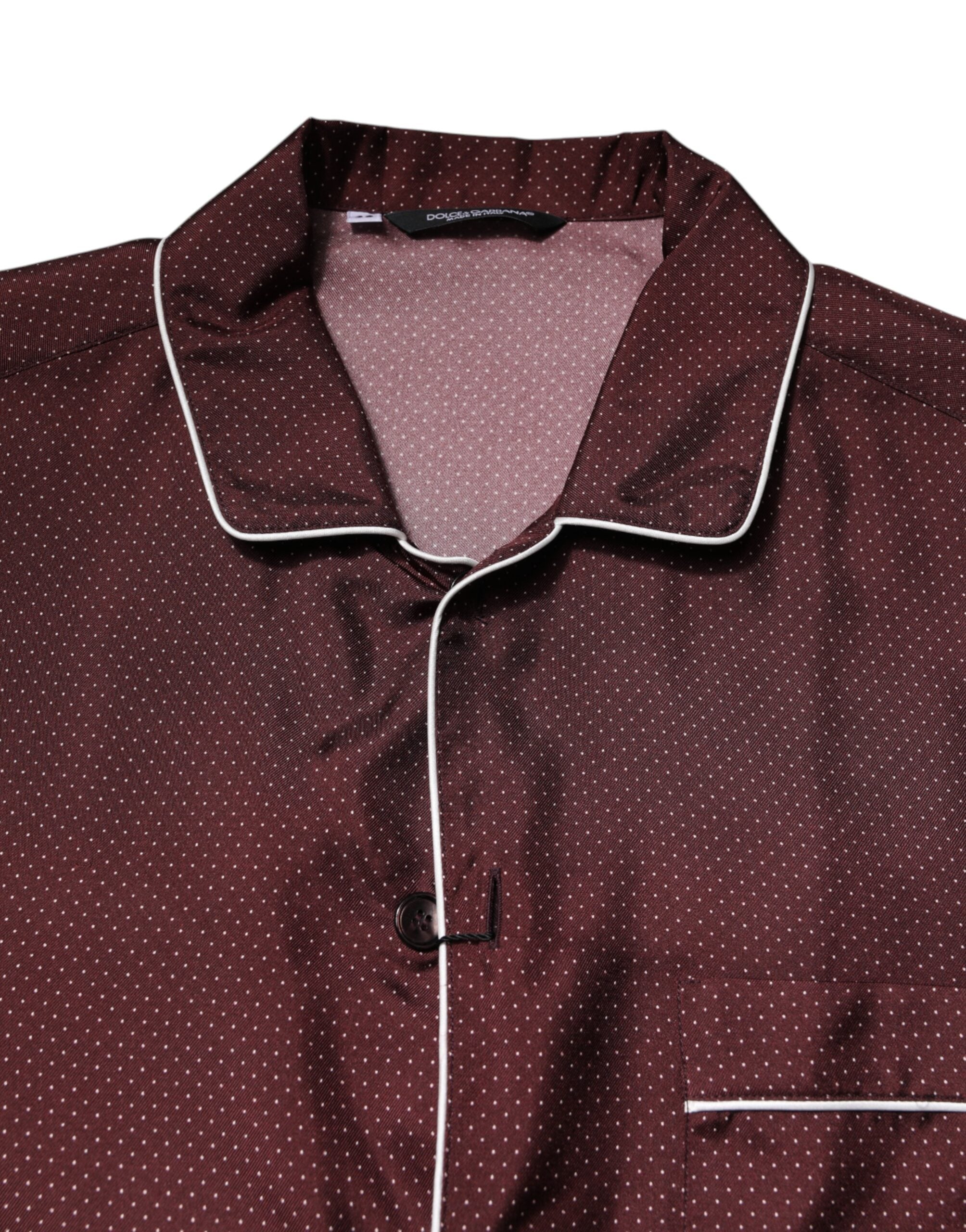 Dolce & Gabbana Burgundy Silk Dotted Long Sleeves Shirt Dolce & Gabbana