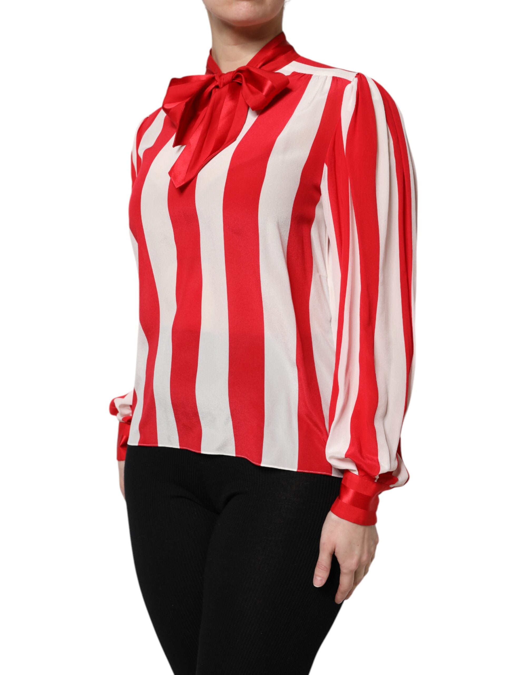 Dolce & Gabbana Red White Stripes Ascot Collar Blouse Top Dolce & Gabbana