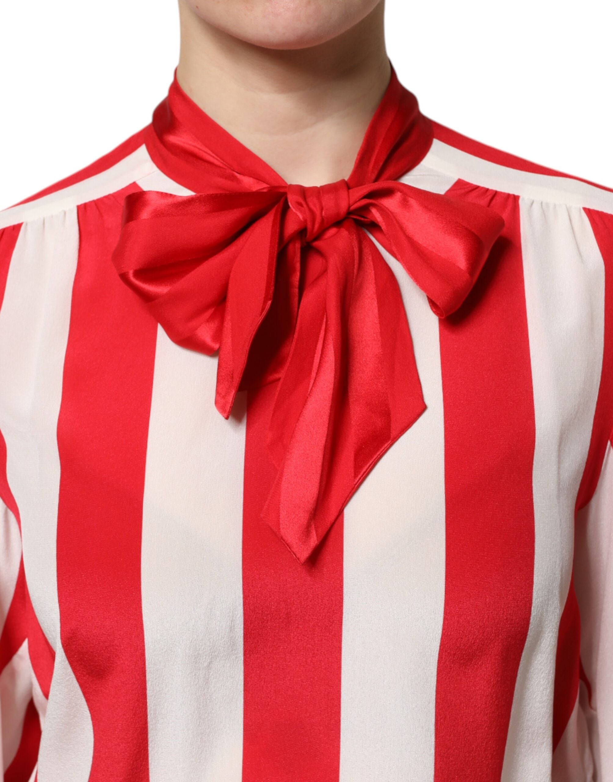 Dolce & Gabbana Red White Stripes Ascot Collar Blouse Top Dolce & Gabbana