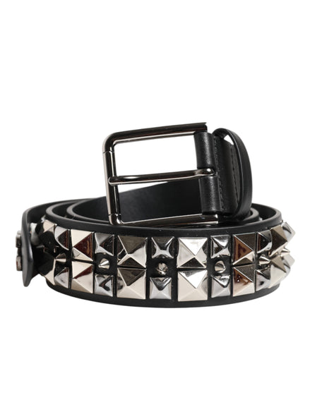 Dolce & Gabbana Black Calf Leather Studded Silver Buckle Belt Dolce & Gabbana
