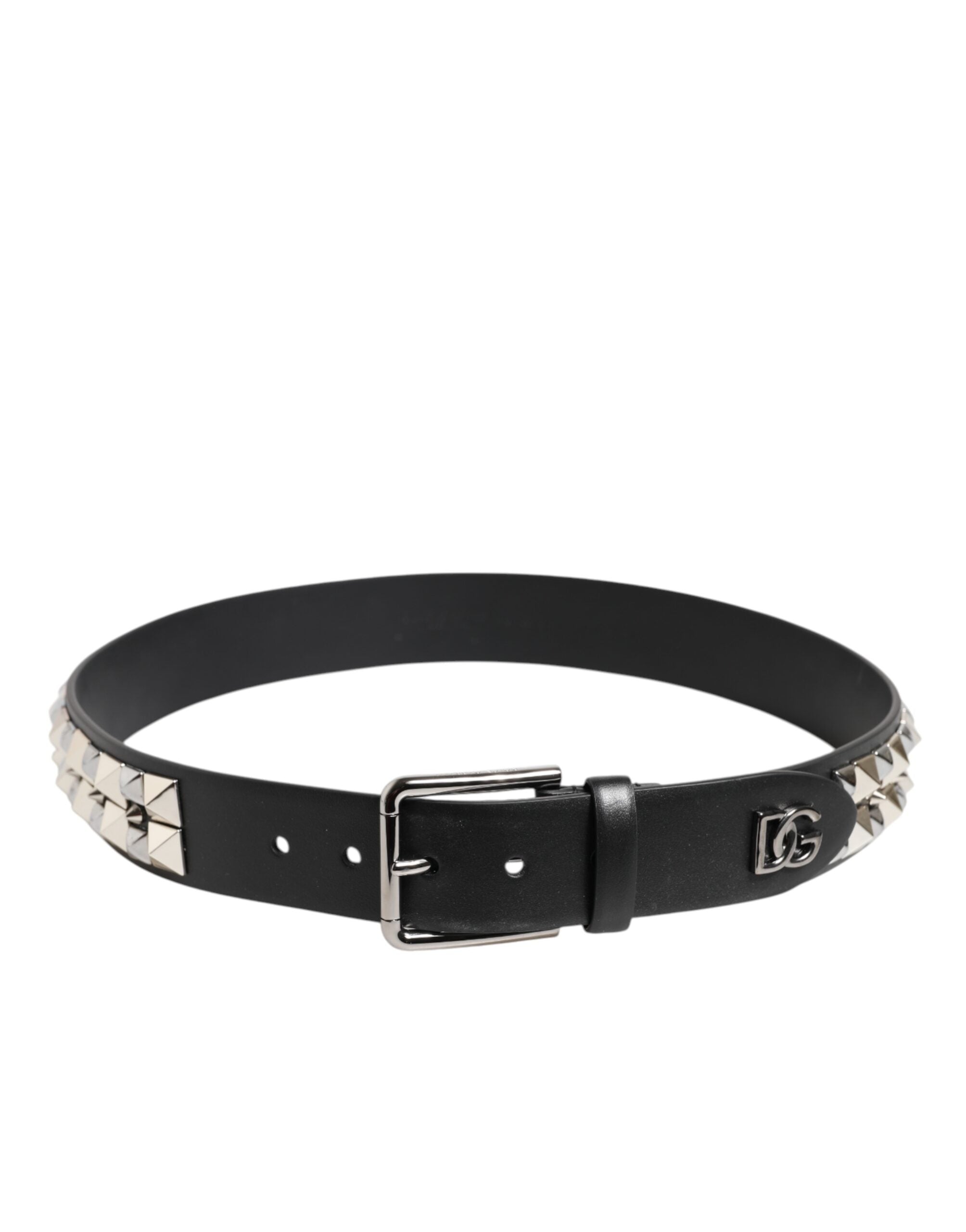 Dolce & Gabbana Black Calf Leather Studded Silver Buckle Belt Dolce & Gabbana