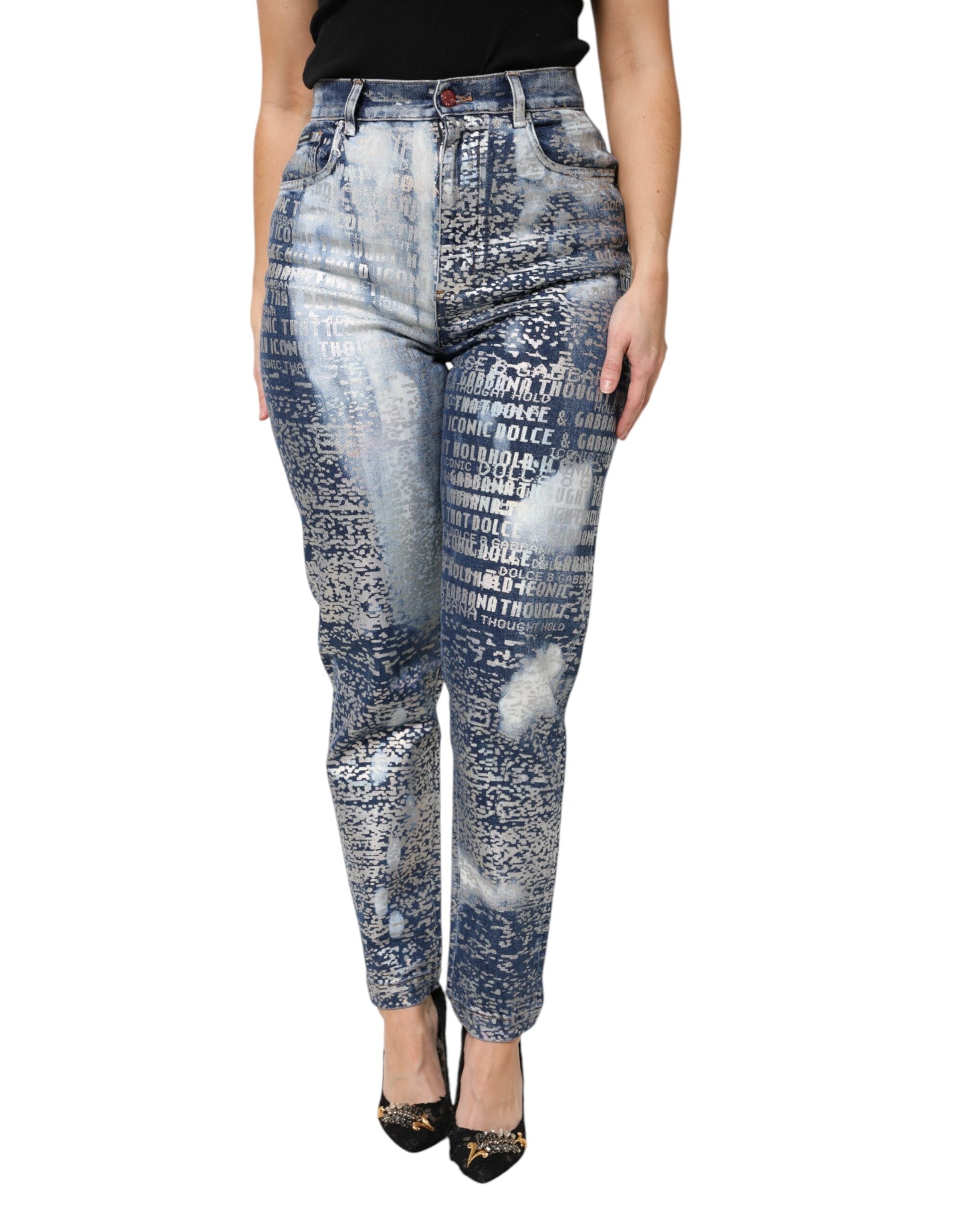 Dolce & Gabbana Blue Washed Print High Waist Denim Jeans Dolce & Gabbana