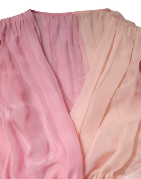 Dolce &amp; Gabbana Bluse mit pinkfarbenem, tiefem V-Ausschnitt und langen Ärmeln