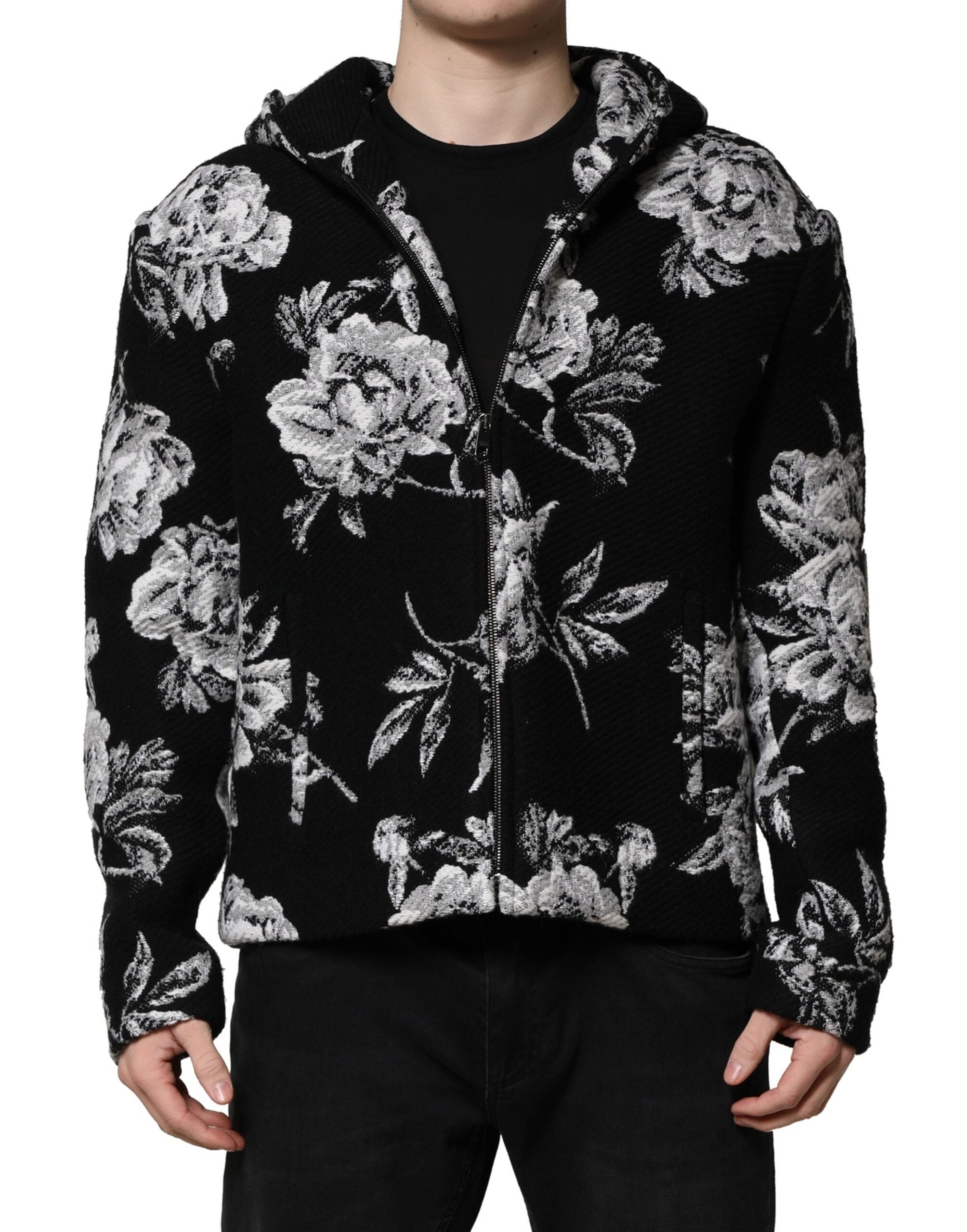 Dolce & Gabbana Black Wool Floral Printed Men Hooded Jacket Dolce & Gabbana