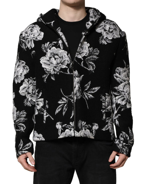 Dolce & Gabbana Black Wool Floral Printed Men Hooded Jacket Dolce & Gabbana