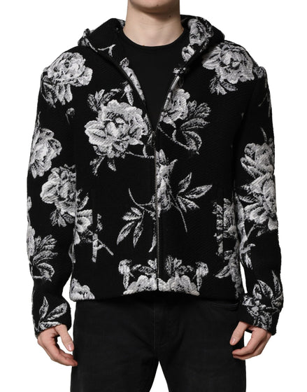 Dolce & Gabbana Black Wool Floral Printed Men Hooded Jacket Dolce & Gabbana