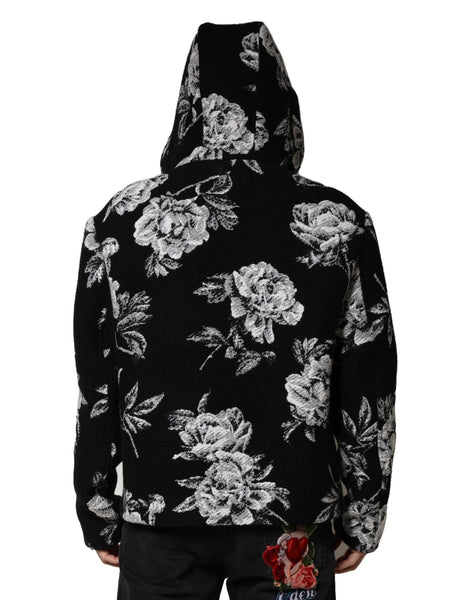 Dolce & Gabbana Black Wool Floral Printed Men Hooded Jacket Dolce & Gabbana