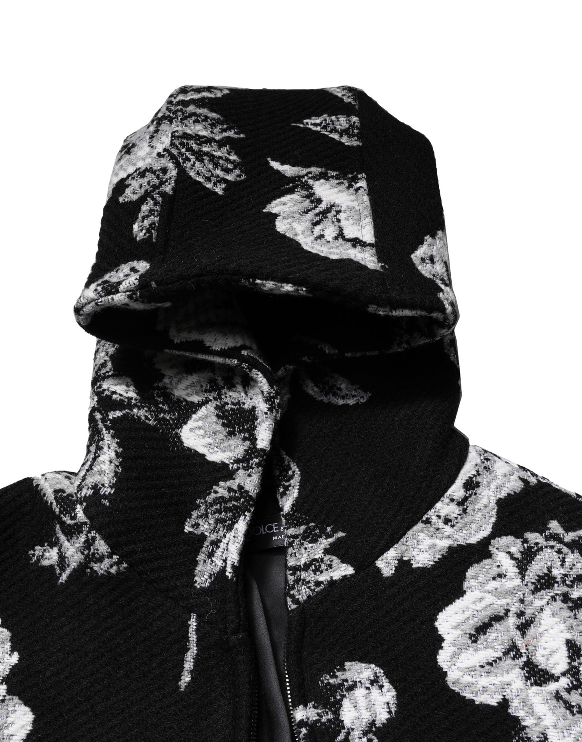 Dolce & Gabbana Black Wool Floral Printed Men Hooded Jacket Dolce & Gabbana