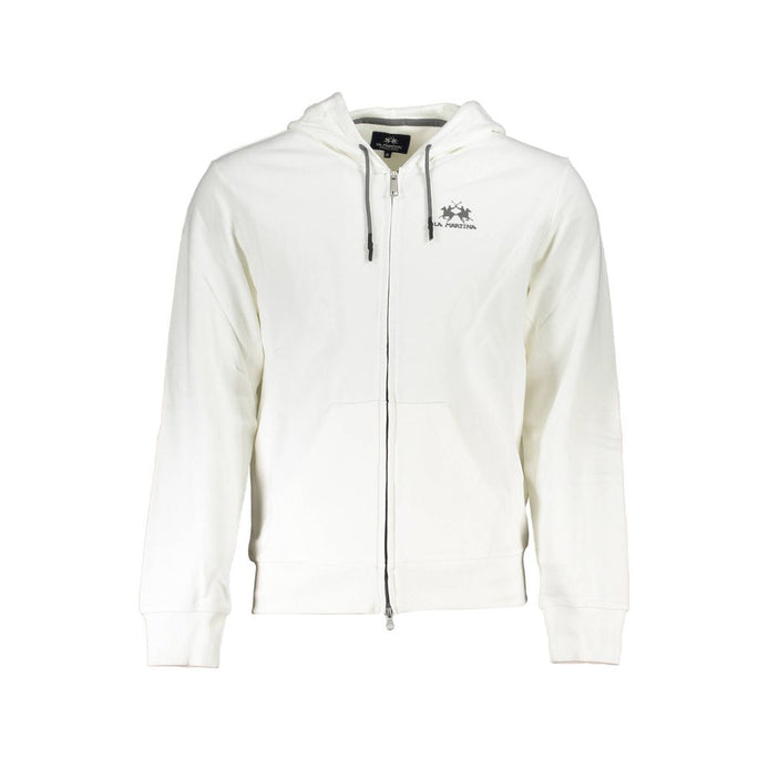 La Martina White Cotton Men Sweater with Hood and Zip Pockets La Martina