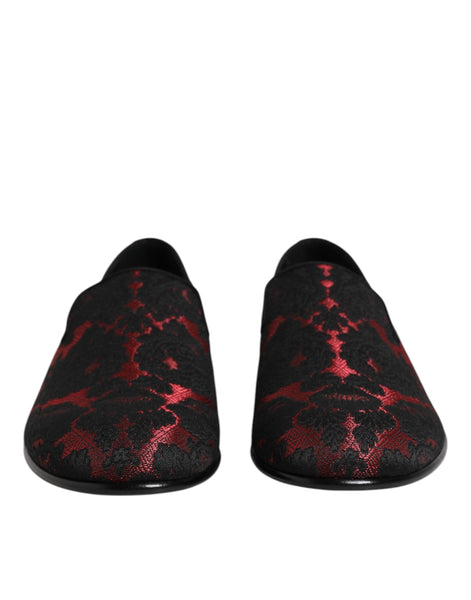 Dolce & Gabbana Red Black Jacquard Slip On Loafers Shoes Dolce & Gabbana
