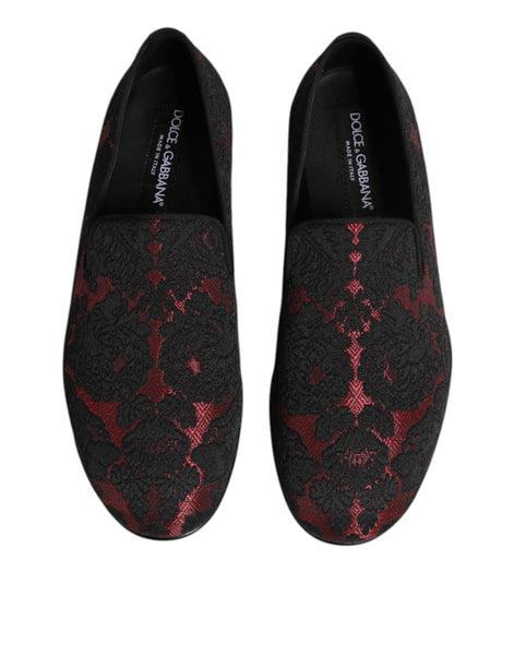 Dolce & Gabbana Red Black Jacquard Slip On Loafers Shoes Dolce & Gabbana