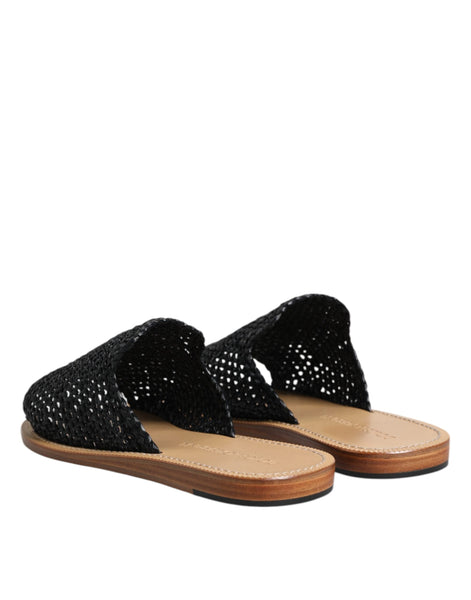 Dolce & Gabbana Black Monochrome Braided Raffia Slides Shoes Dolce & Gabbana