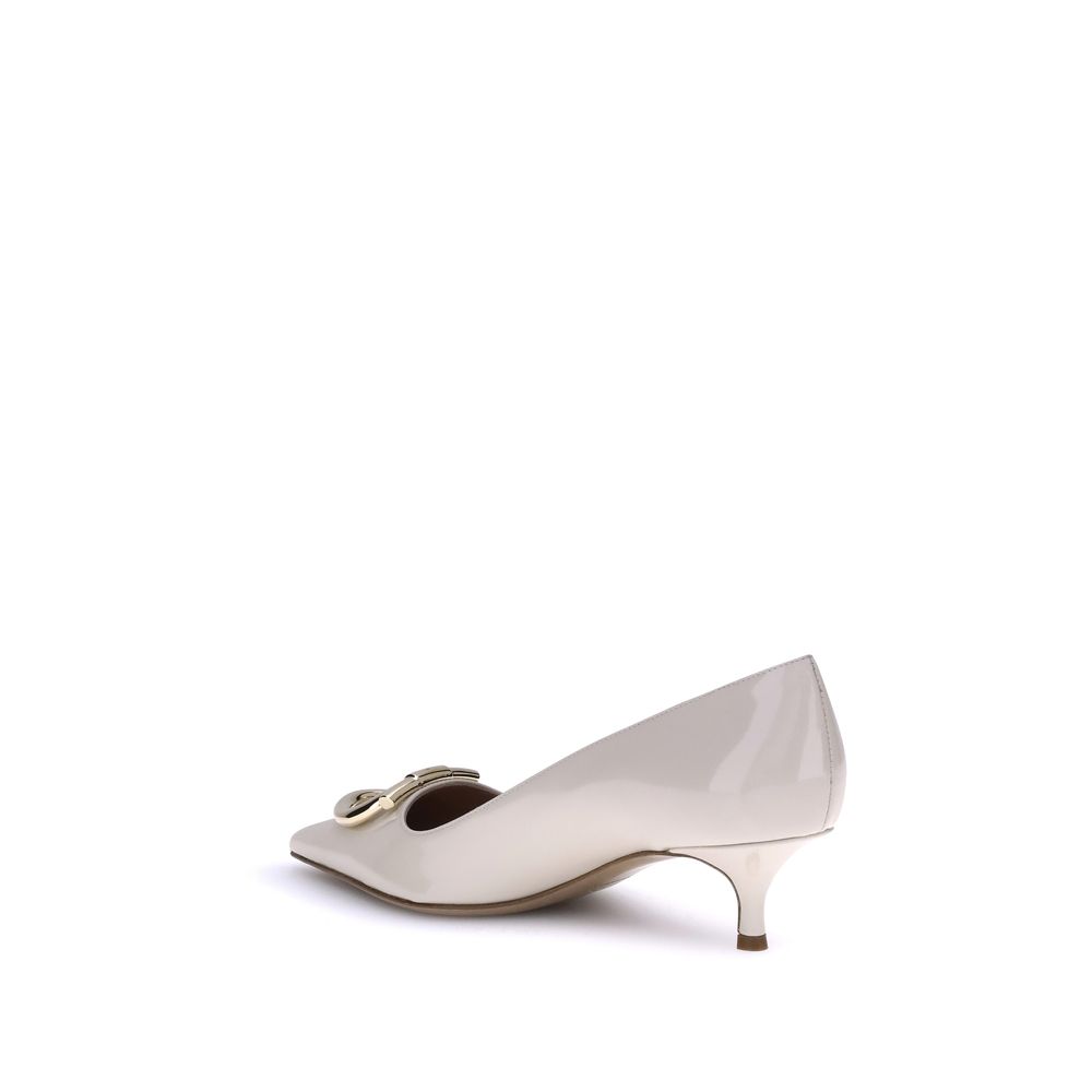 Ferragamo Cream Calf Leather Bos Taurus Mid Heel Pumps Ferragamo