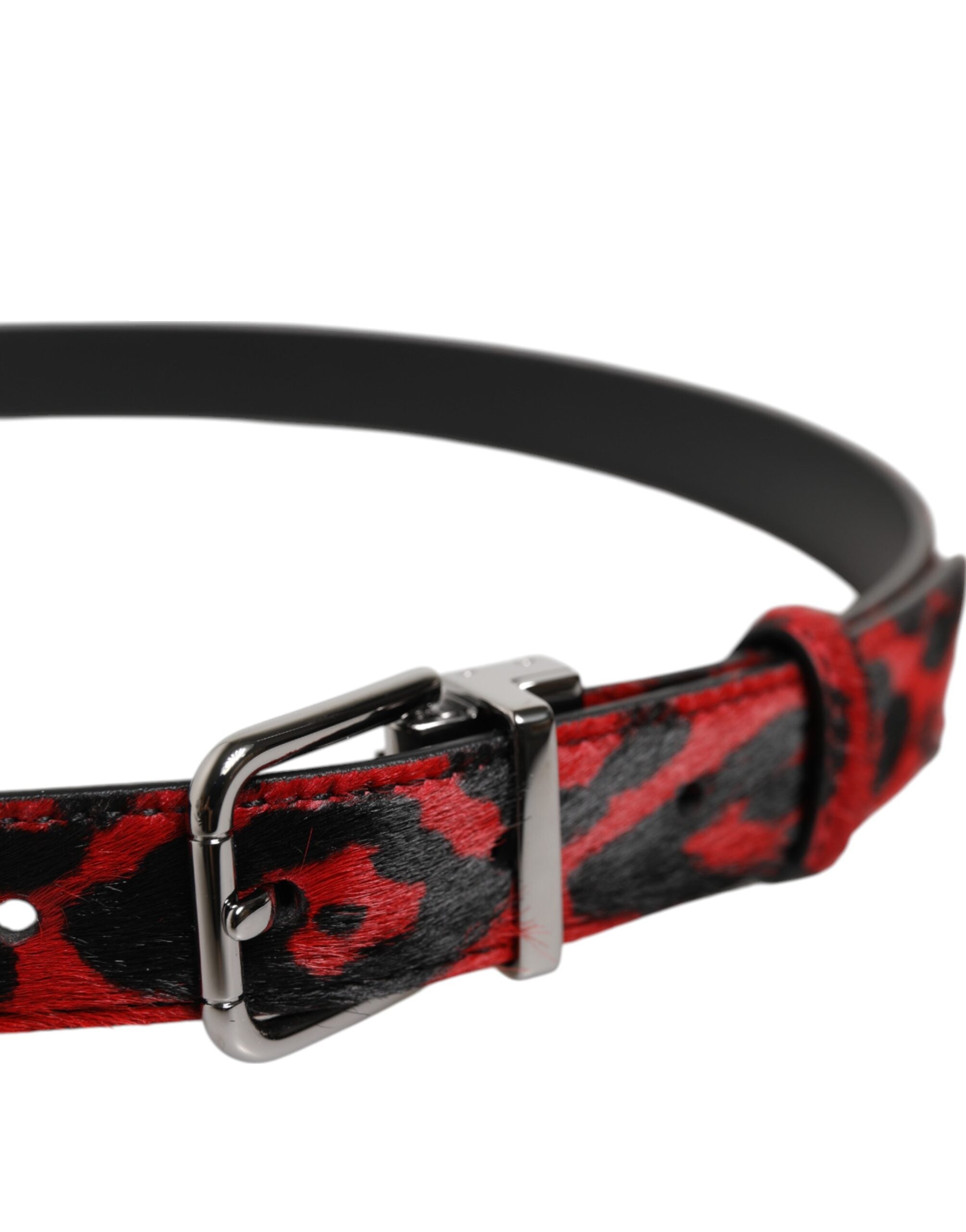 Dolce & Gabbana Black Red Leopard Silver Metal Buckle Belt Dolce & Gabbana