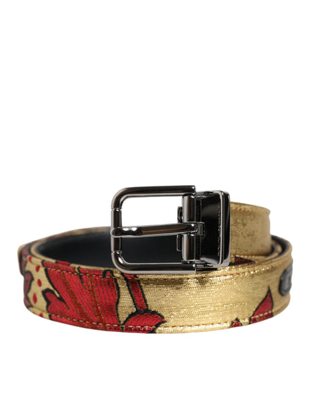 Dolce & Gabbana Gold Floral Jacquard Silver Metal Buckle Belt Dolce & Gabbana