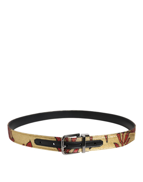 Dolce & Gabbana Gold Floral Jacquard Silver Metal Buckle Belt Dolce & Gabbana