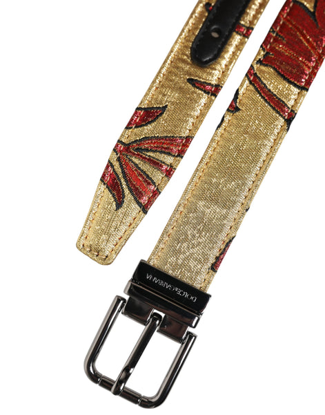 Dolce & Gabbana Gold Floral Jacquard Silver Metal Buckle Belt Dolce & Gabbana