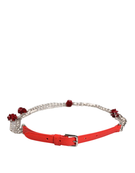 Dolce & Gabbana Red Leather Silver Chain Floral Cintura Belt Dolce & Gabbana