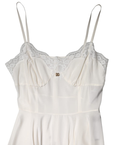 Dolce & Gabbana White Lace Gold DG Logo Silk Dress Sleepwear Dolce & Gabbana