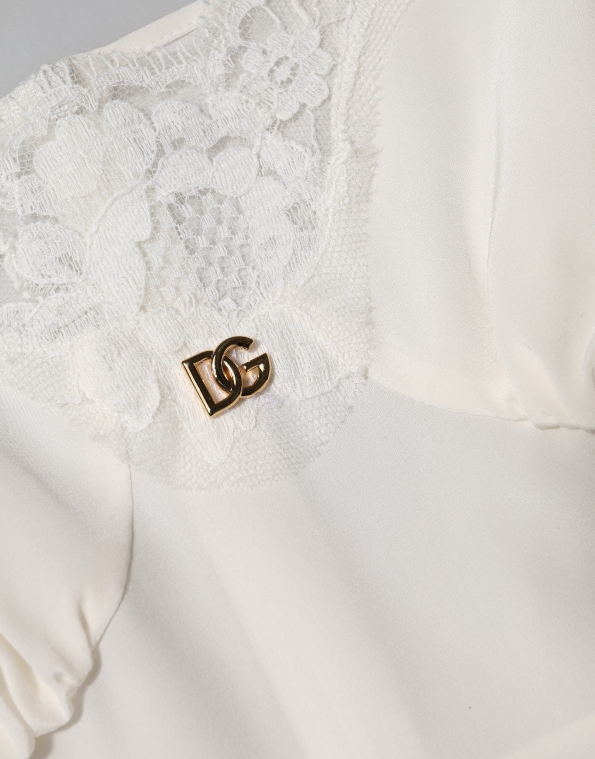 Dolce & Gabbana White Lace Gold DG Logo Silk Dress Sleepwear Dolce & Gabbana