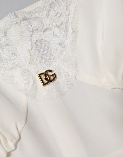 Dolce & Gabbana White Lace Gold DG Logo Silk Dress Sleepwear Dolce & Gabbana