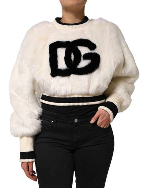Dolce & Gabbana White Cropped Faux Fur DG Sweatshirt Sweater Dolce & Gabbana