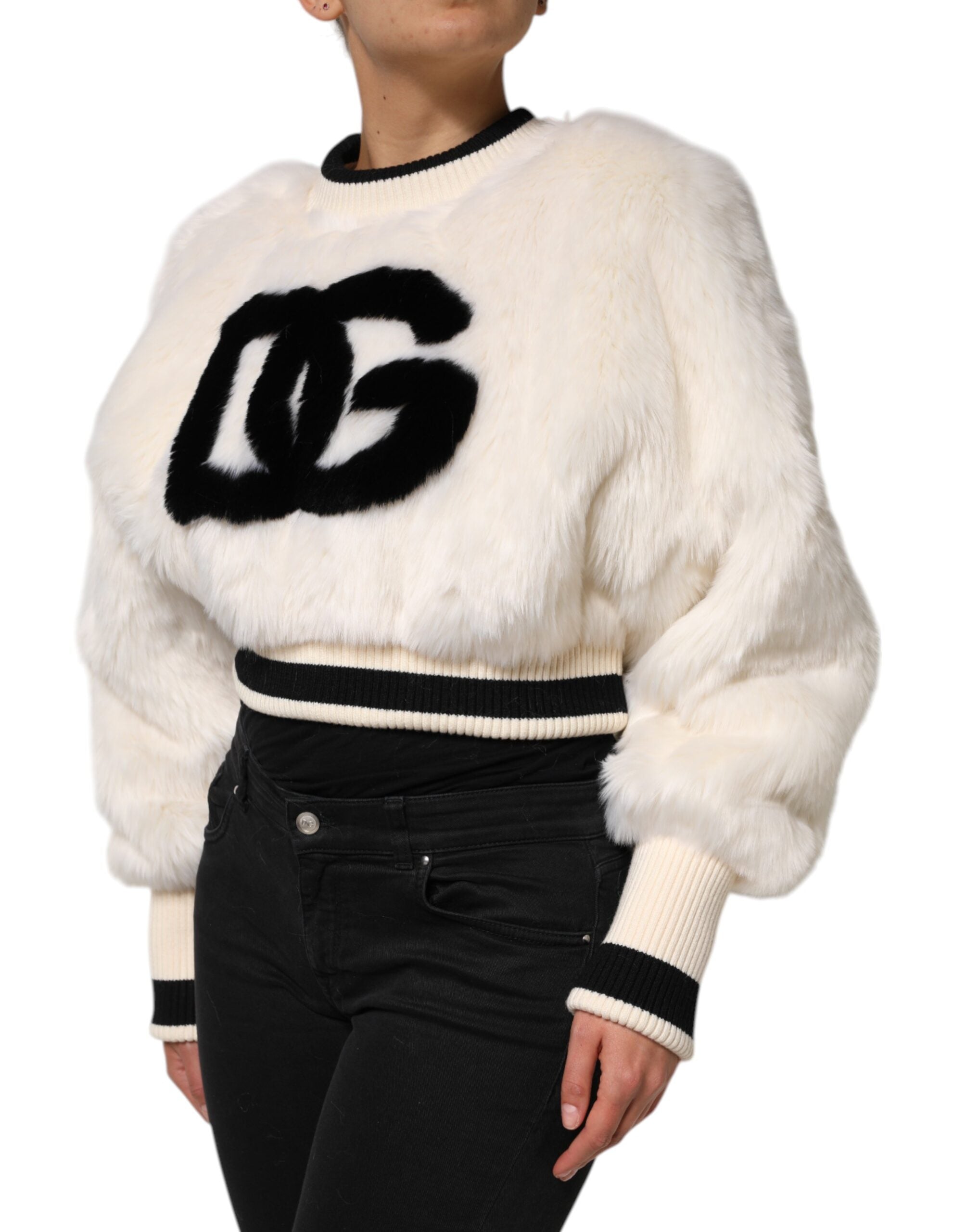 Dolce & Gabbana White Cropped Faux Fur DG Sweatshirt Sweater Dolce & Gabbana