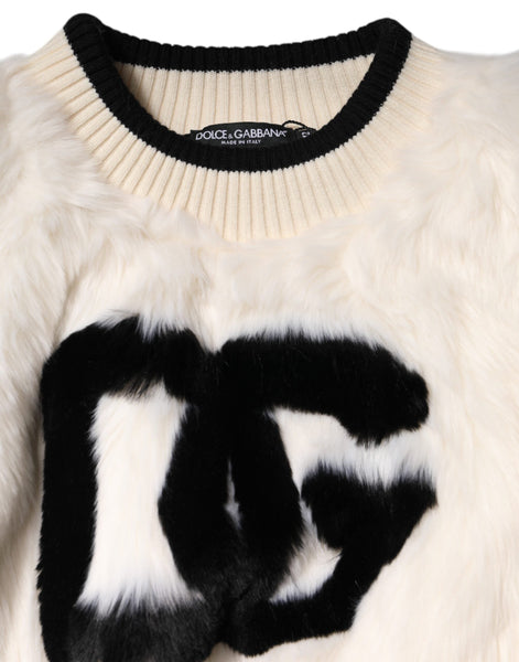 Dolce & Gabbana White Cropped Faux Fur DG Sweatshirt Sweater Dolce & Gabbana