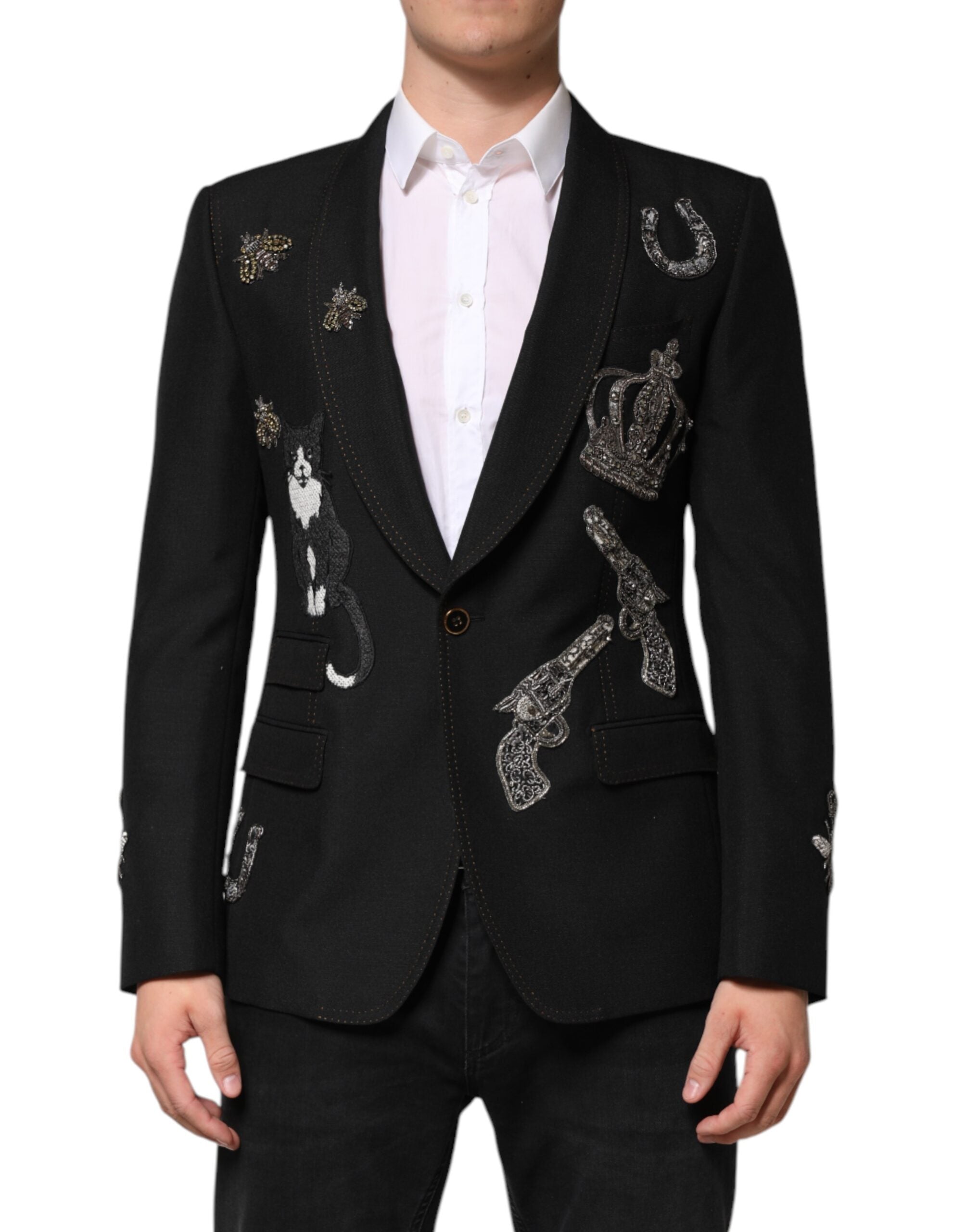 Dolce & Gabbana Black Bee Crown Embellished Suit Coat Blazer Dolce & Gabbana