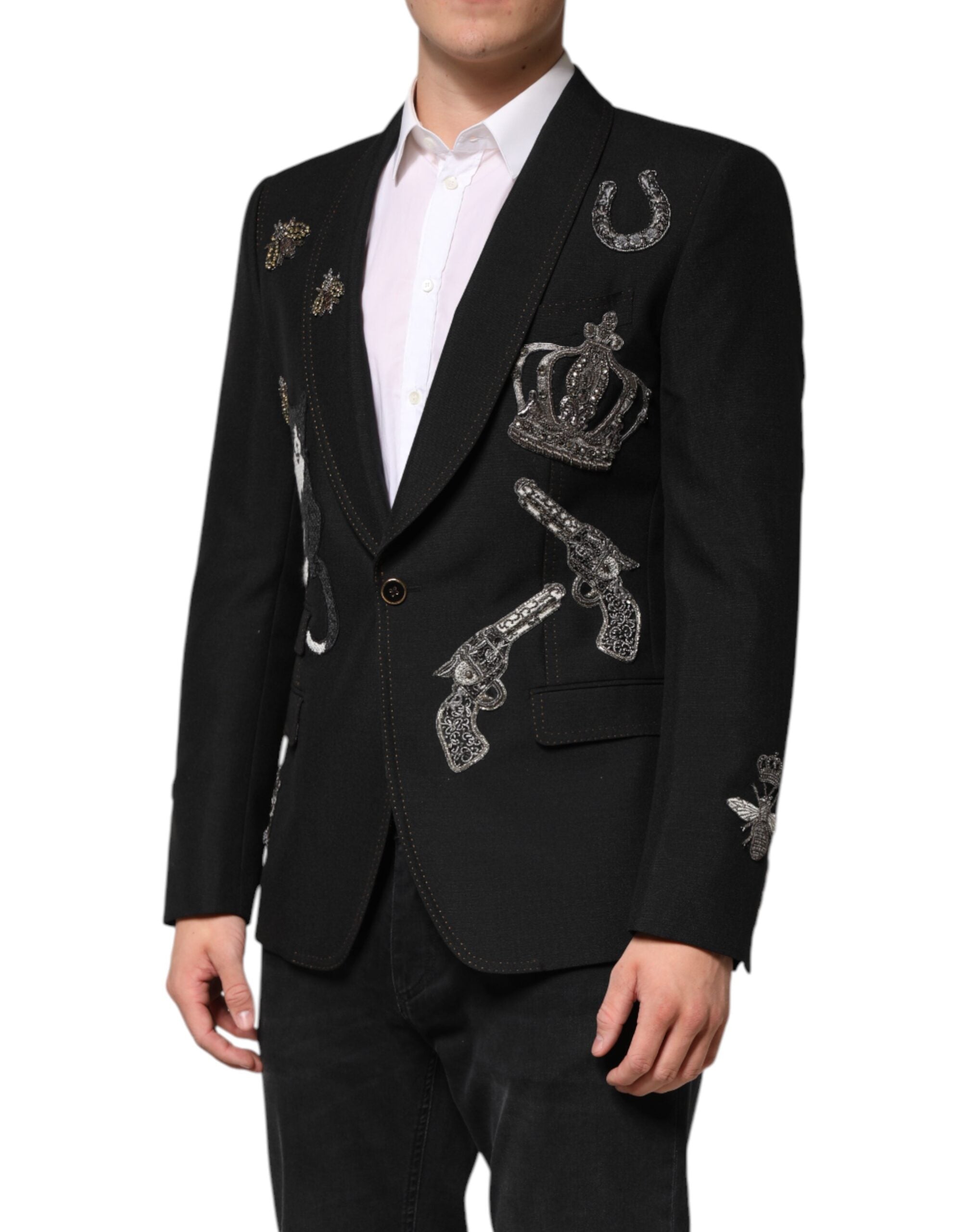 Dolce & Gabbana Black Bee Crown Embellished Suit Coat Blazer Dolce & Gabbana