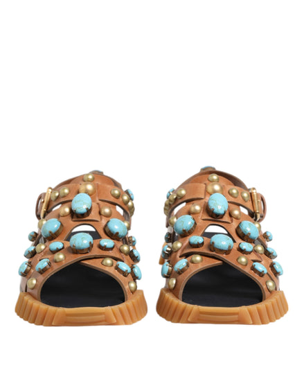 Dolce & Gabbana Brown Leather Studded Slides Sandals Shoes Dolce & Gabbana