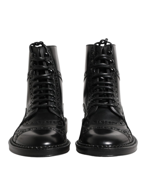 Dolce & Gabbana Black Leather Lace Up Mid Calf Boots Shoes Dolce & Gabbana