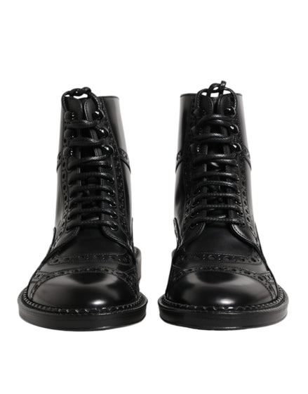 Dolce & Gabbana Black Leather Lace Up Mid Calf Boots Shoes Dolce & Gabbana