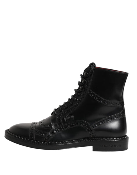 Dolce & Gabbana Black Leather Lace Up Mid Calf Boots Shoes Dolce & Gabbana