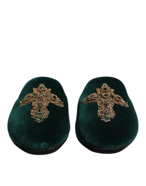 Dolce & Gabbana Green Velvet Cross Embellished Slippers Shoes Dolce & Gabbana