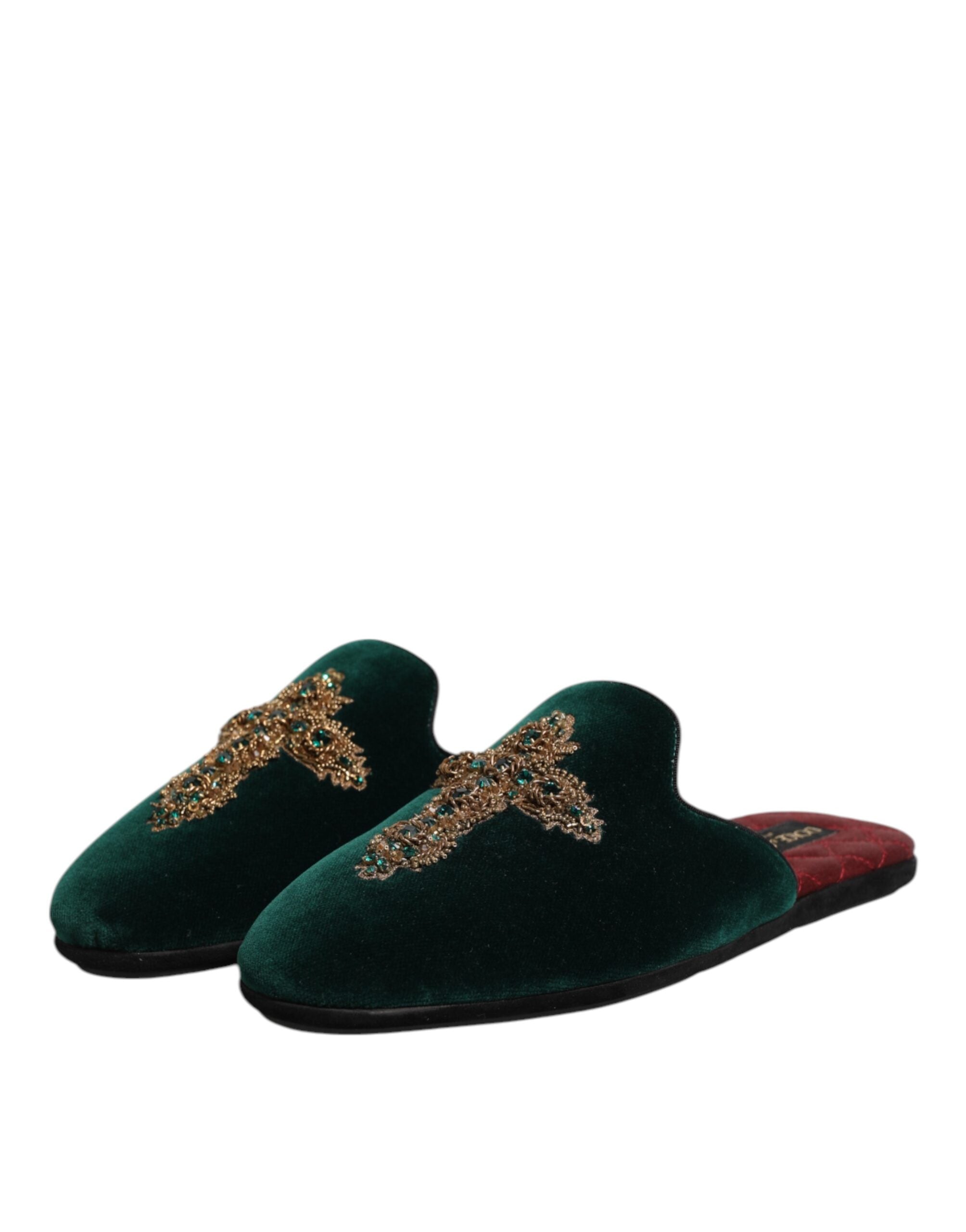 Dolce & Gabbana Green Velvet Cross Embellished Slippers Shoes Dolce & Gabbana
