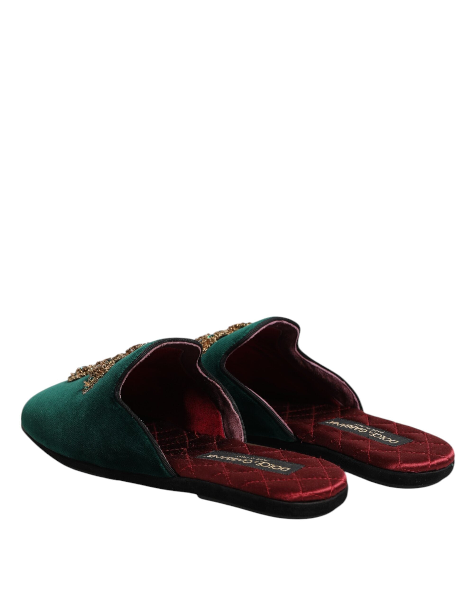 Dolce & Gabbana Green Velvet Cross Embellished Slippers Shoes Dolce & Gabbana