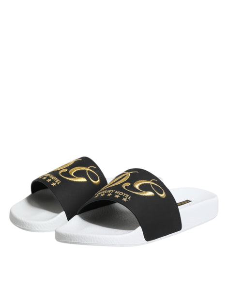 Dolce & Gabbana White Black Leather Sandals Beachwear Shoes Dolce & Gabbana