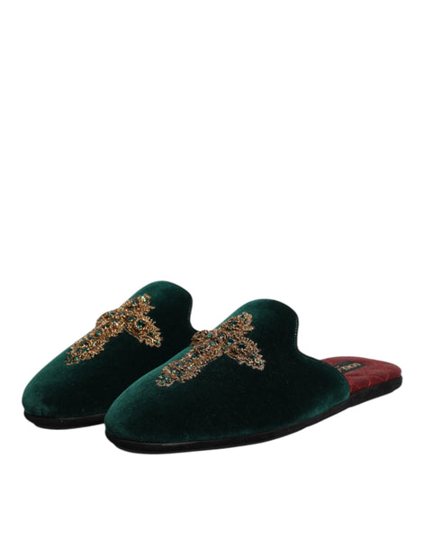 Dolce & Gabbana Green Velvet Cross Embellished Slippers Shoes Dolce & Gabbana