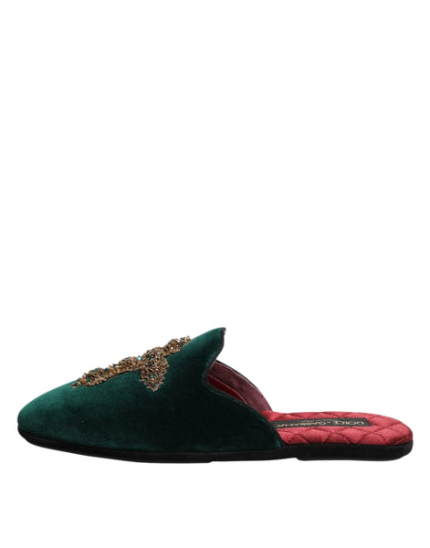 Dolce & Gabbana Green Velvet Cross Embellished Slippers Shoes Dolce & Gabbana