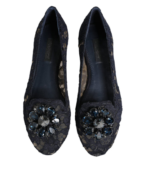 Dolce & Gabbana Blue Taormina Lace Crystals Flats Shoes Dolce & Gabbana