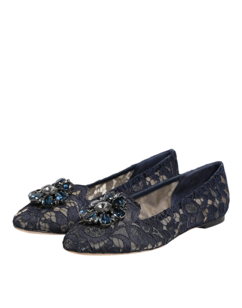 Dolce & Gabbana Blue Taormina Lace Crystals Flats Shoes Dolce & Gabbana