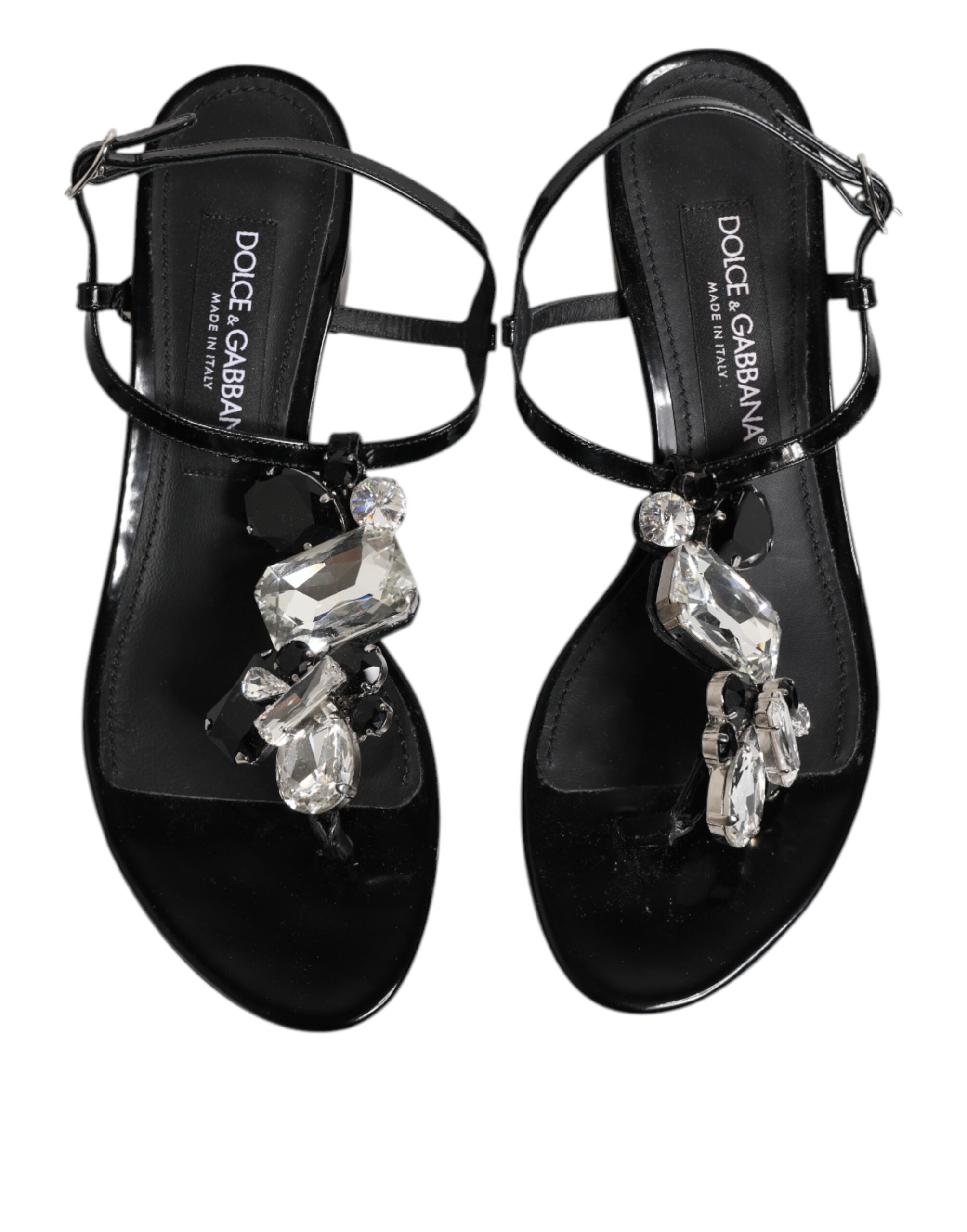 Dolce & Gabbana Black Leather Crystal Ankle Strap Sandals Shoes Dolce & Gabbana