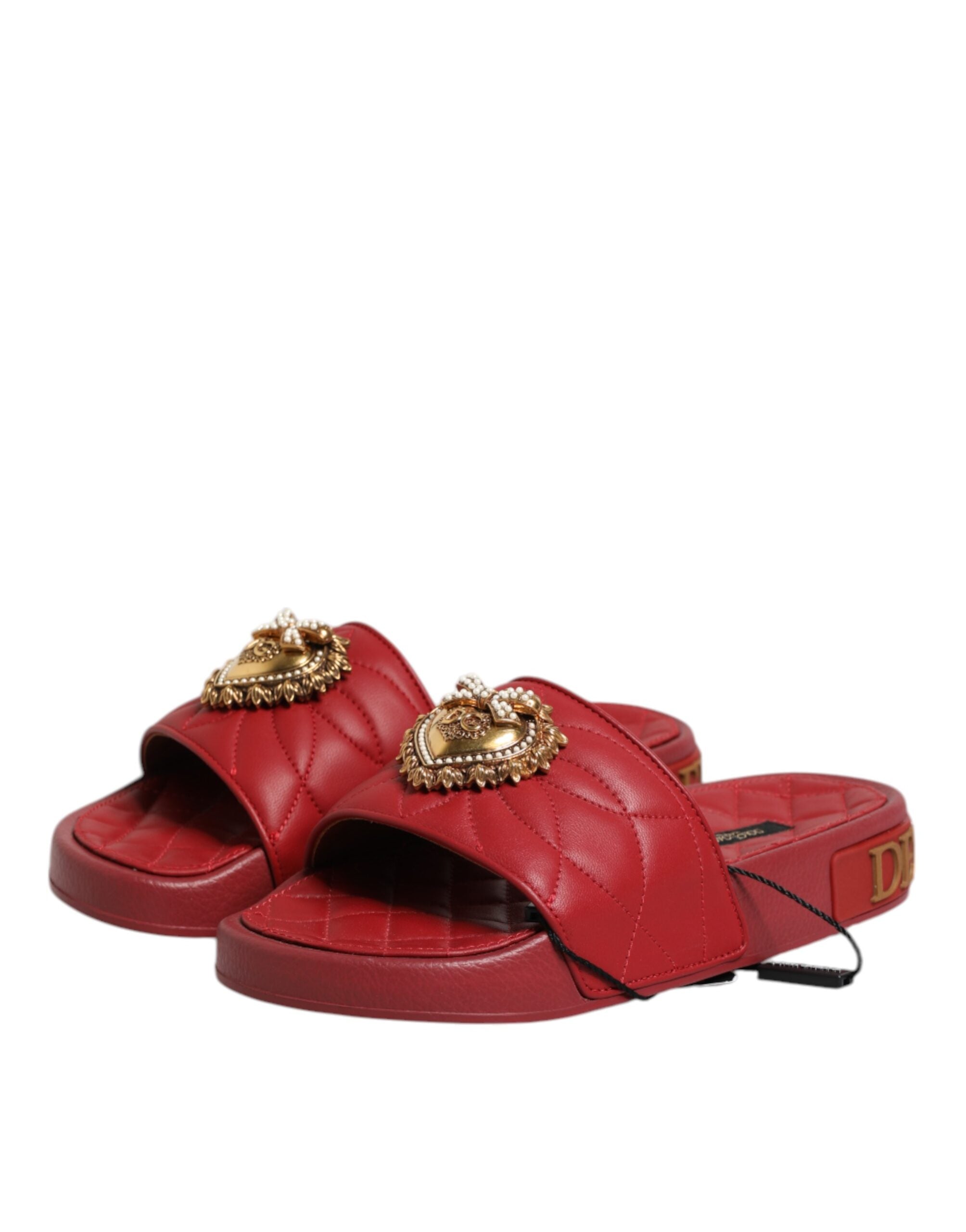 Dolce & Gabbana Red Devotion Matelassé Leather Slides Shoes Dolce & Gabbana