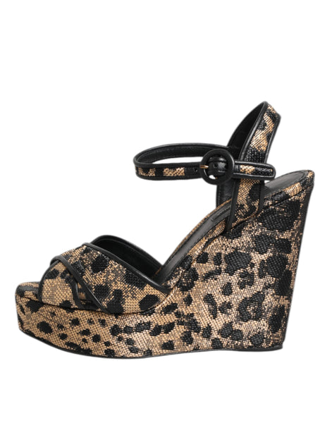 Dolce & Gabbana Brown Leopard Wedges Ankle Strap Sandals Shoes Dolce & Gabbana