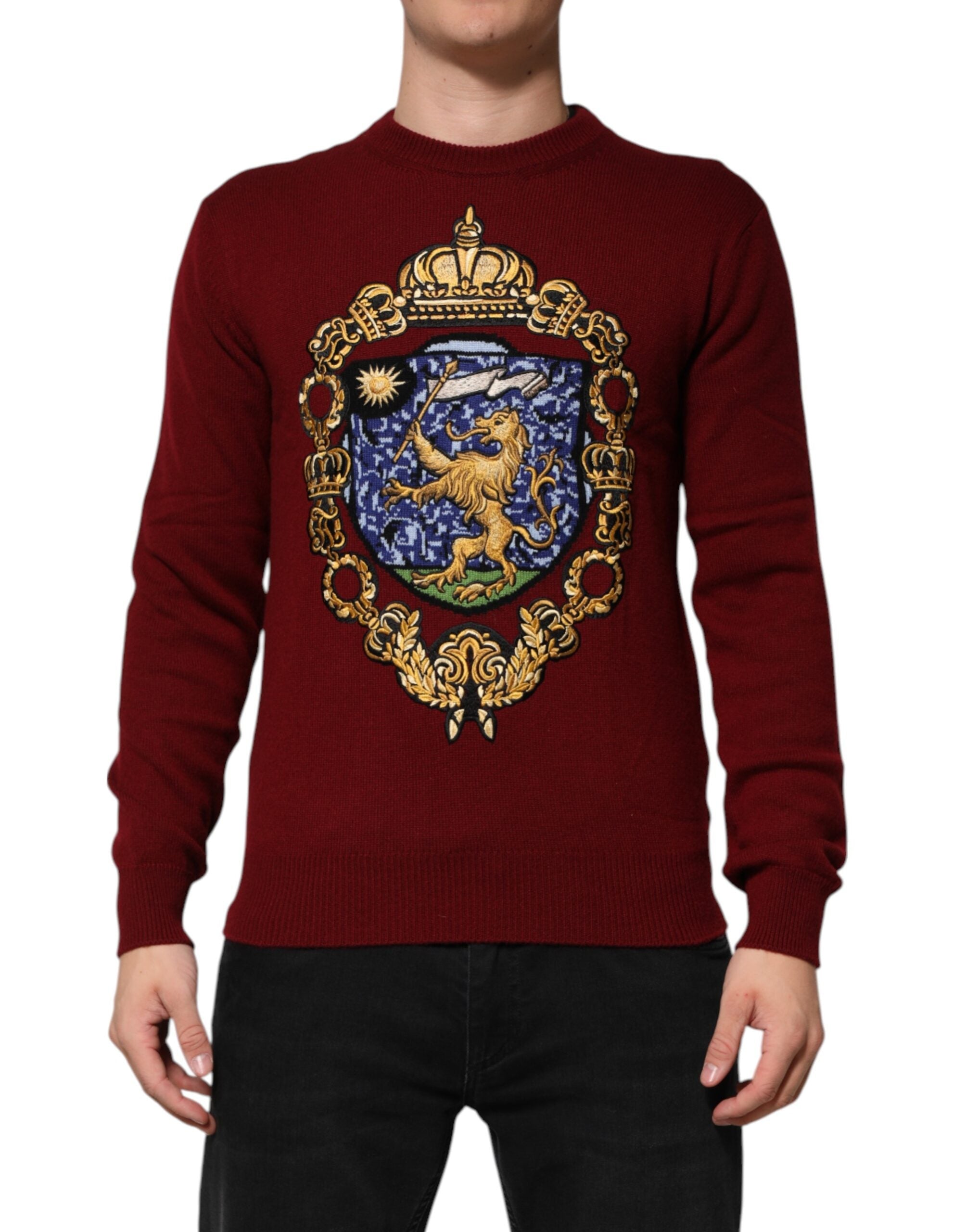 Dolce & Gabbana Burgundy Cashmere Lion Crest Pullover Sweater Dolce & Gabbana