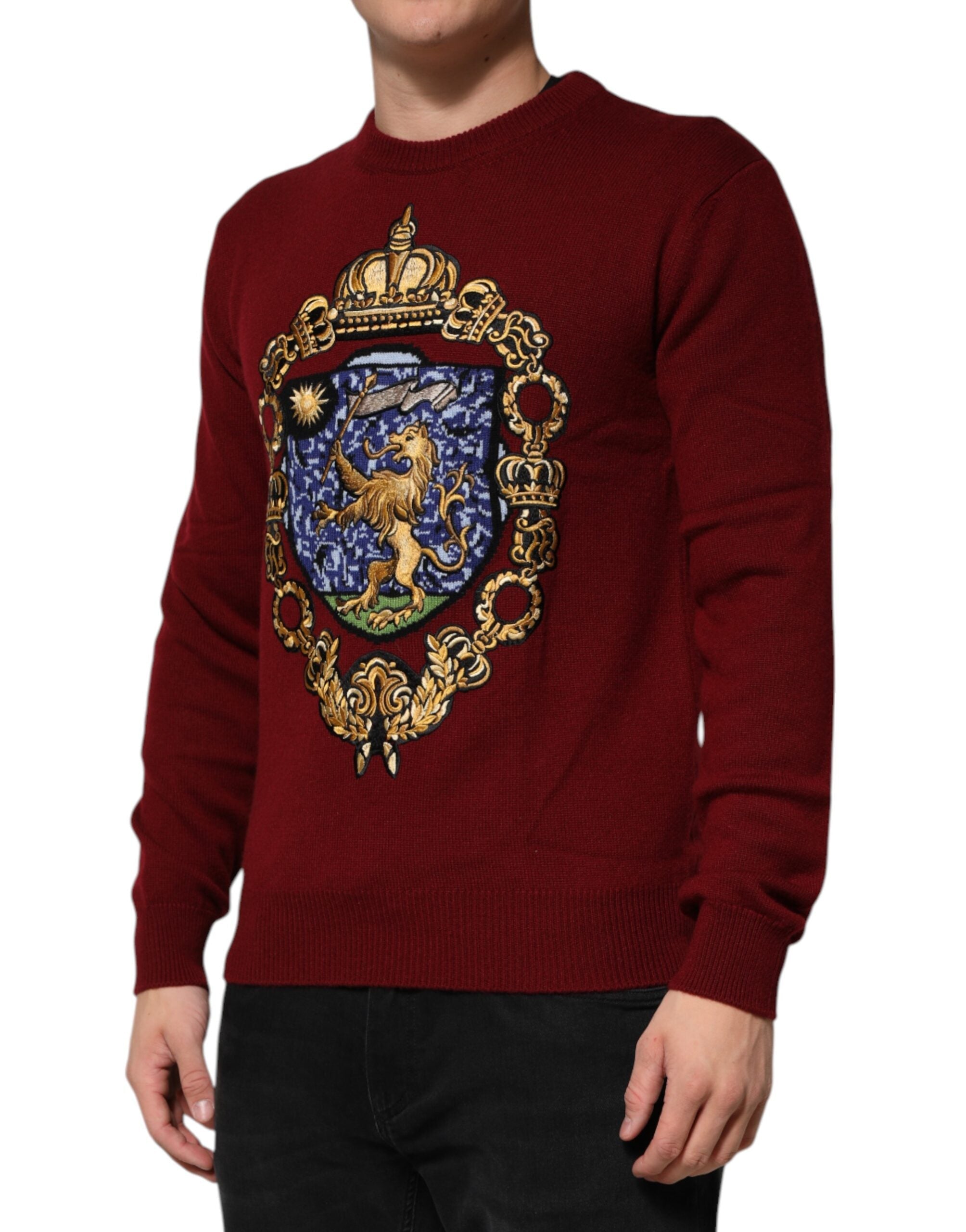 Dolce & Gabbana Burgundy Cashmere Lion Crest Pullover Sweater Dolce & Gabbana