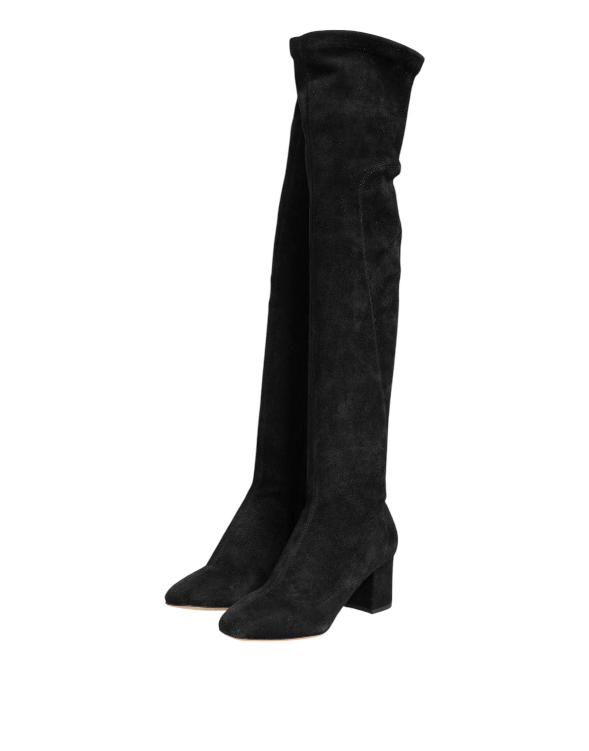 Dolce & Gabbana Black Suede Leather Knee High Boots Shoes Dolce & Gabbana
