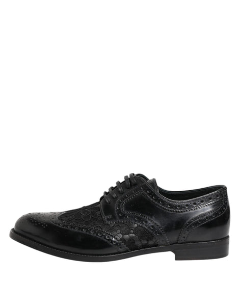 Dolce & Gabbana Black Leather Floral Lace Dress Formal  Shoes Dolce & Gabbana