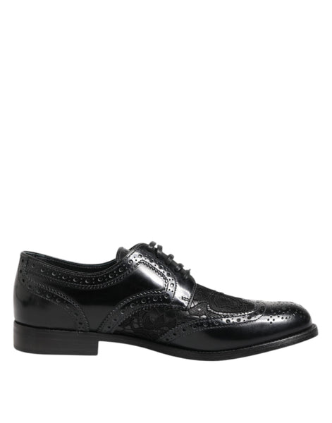 Dolce & Gabbana Black Leather Floral Lace Dress Formal  Shoes Dolce & Gabbana